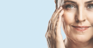 woman over 40 in a close up shot, with great skin
